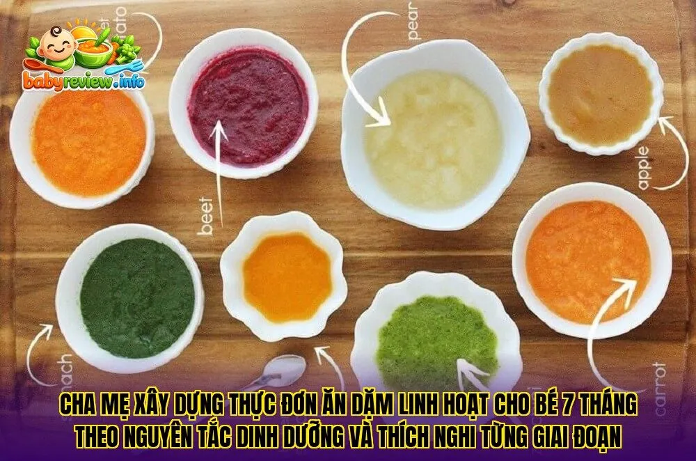 Cha mẹ xây dựng thực đơn ăn dặm linh hoạt cho bé 7 tháng theo nguyên tắc dinh dưỡng và thích nghi từng giai đoạn