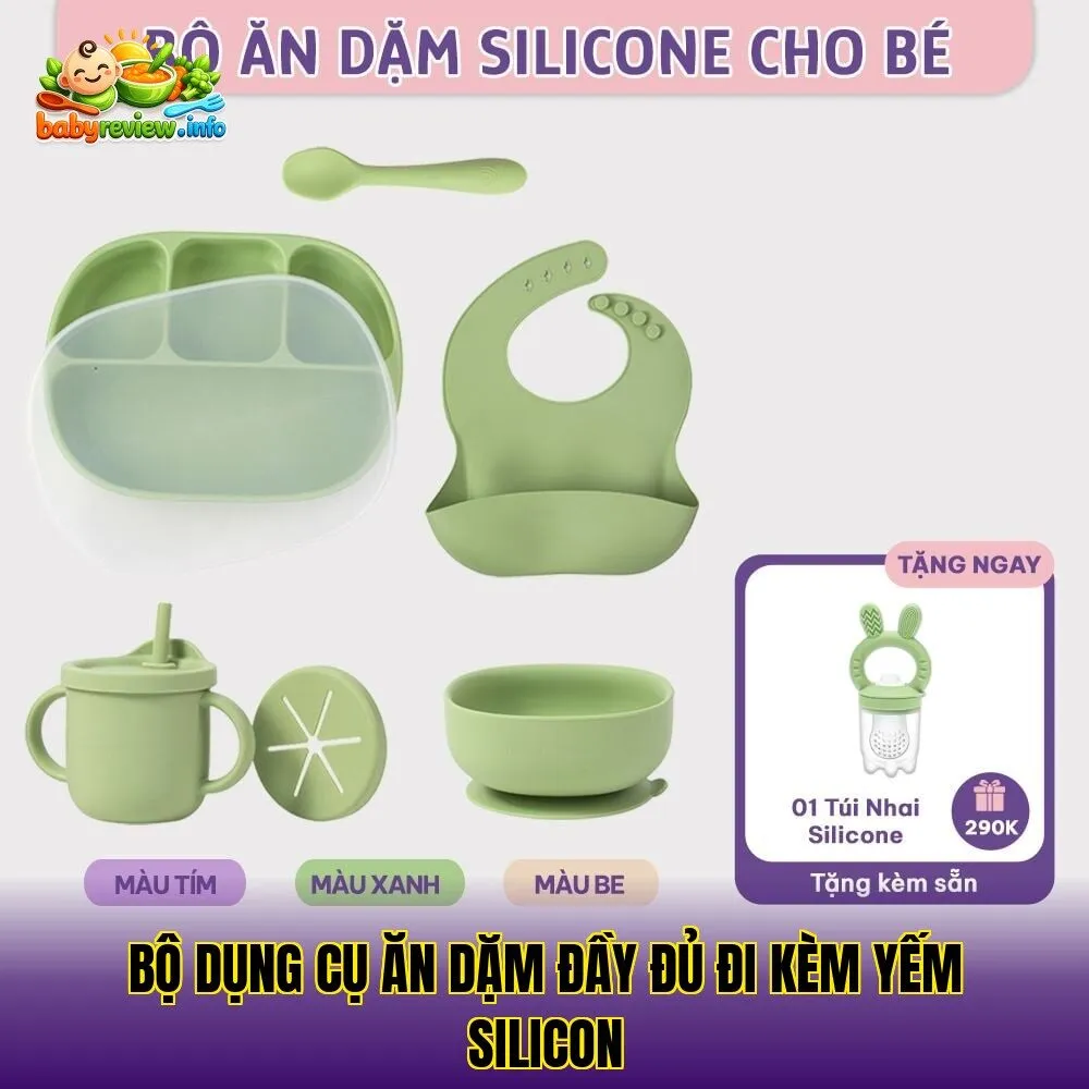 Bộ dụng cụ ăn dặm đầy đủ đi kèm yếm silicon